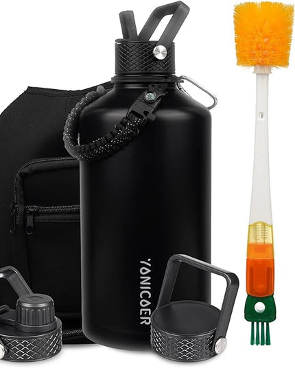 Insulated Water Bottle 128oz,Triple Wall Vacuum Stainless Steel(Dishwasher Safe),Leak Proof & Non-BPA,Flask Jug with Paracord Handle & Straw Spout Lids Sports Black