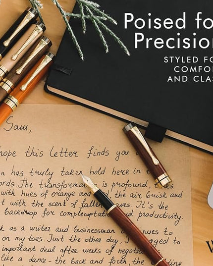 Wordsworth & Black Fountain Pen Set, Luxury Bamboo Wood - Medium Nib, Gift Case; Includes 6 Ink Cartridges, Ink Refill Converter -Journaling, Calligraphy, Drawing, Smooth Writing [Brown Wood]