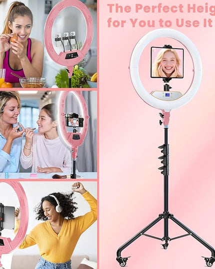 22" Foldable Ring Light with Stand for iPhone ipad, 75" Tripod with Wheels 50W 6500K LED Display/2 USB Ports Large Ringlight Rolling, Tattoo Barber Makeup Studio Video Photography Lighting(Pink)
