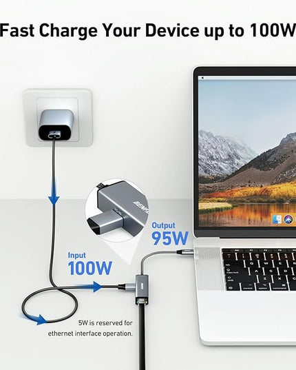 BENFEI USB-C to Ethernet Gigabit Adapter with 100W Power Delivery, Thunderbolt 3/4 to RJ45 Ethernet LAN Network Adapter Compatible with iPhone 15 Pro/Max, MacBook Pro/Air 2023, iMac