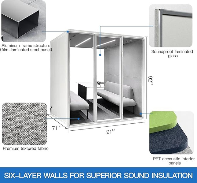 Soundproof Office Pod Booth, Quiet Meeting Pod with Acoustic Panels, Sound Proof Room with Desk, Portable Removable Working Booth for Private Phone Calling, Study, 4 People L Size H92in W91in D70in