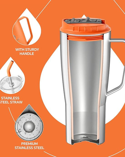 Ideus 32 oz Tumbler with Handle and Straw, Vacuum Insulated Stainless Steel Travel Mug, 100% Leakproof, Cup Holder Friendly, Orange