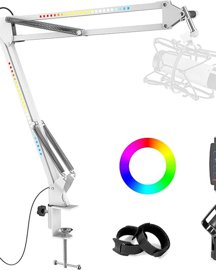 RGB Boom Arm, Adjustable Mic Stand with Desk Mount Clamp and Mic Clip, Compatible with HyperX Quadcast, Blue Yeti, Rode, Shure SM78 for Streaming, Gaming, Youtube Recording （WHITE）