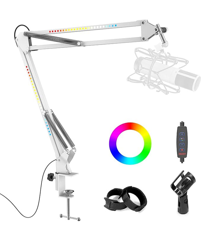 RGB Boom Arm, Adjustable Mic Stand with Desk Mount Clamp and Mic Clip, Compatible with HyperX Quadcast, Blue Yeti, Rode, Shure SM78 for Streaming, Gaming, Youtube Recording （WHITE）