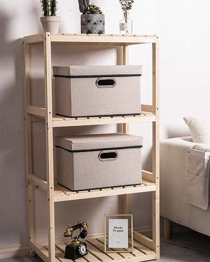 PRANDOM Foldable Storage Bin with Lid [5-Pack] Linen Fabric Decorative Storage Box Organizer Container Basket Cube with Handles Divider for Closet Office Living Room Light Grey(14.9x9.8x9.8)