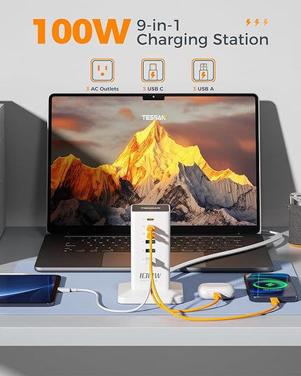 Charging Station PD 100W, TESSAN 9-in-1 USB C Power Strip for iPhone 17/16, MacBook, Tablet, Desktop Phone Fast Charger with 3 AC, 3 USB-A Ports, Home Drom Office Accessories, White