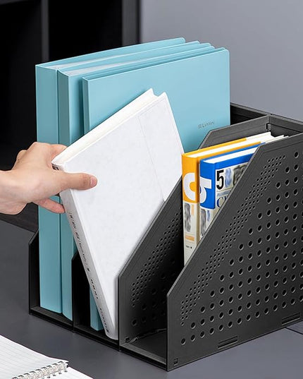 SAYEEC 1Pcs Collapsible Plastic Magazine File Holder Vertical Binder Storage Organizer for Desk Sturdy Upright Desktop Magazine Organizer Folder Rack for Office School Home (3 Compartments, Black)