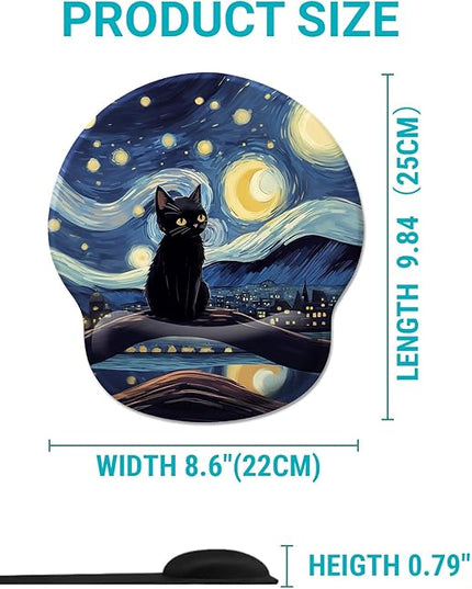 Black Cat Ergonomic Mouse Pad Wrist Support, Starry Night Gel Mouse Pads with Wrist Rest, Cute Computer Mousepad for Desk with Non-Slip PU Base, Comfortable Mouse Pad Office Desk Accessories