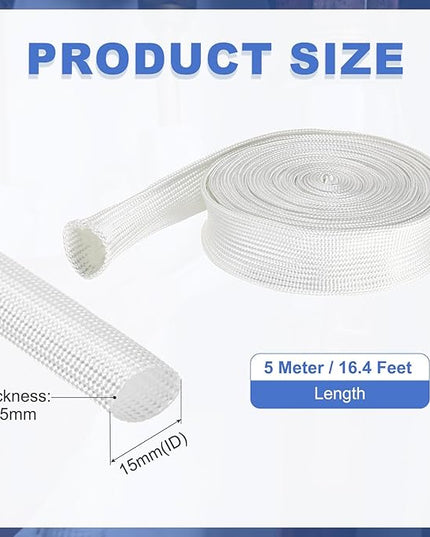 uxcell Insulation Cable Protector,15mm/0.59 Inch-5m/16 Feet High Temp Fiberglass Sleeve White