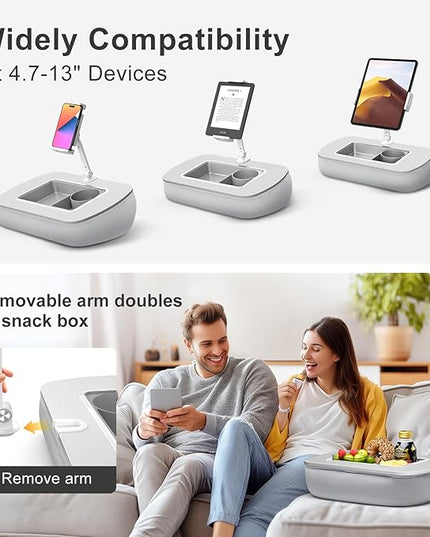 Tablet Stand Pillow with Snack Bowl, iPad Lap Holder for Hands-Free Reading and Relaxation on Bed,Couch,Recliner, 360° Rotating Clip for 4.7-13" Kindle,eBook,Tablet,iPhone (Light Gray)