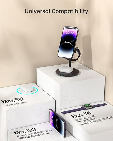 XooFly 3 in 1 Wireless Charging Station for Apple Devices, Fast Wireless Mag-Safe Charger Stand with 20W Adapter for iPhone 17/16 15 14 13 12 Pro Max/Pro/Plus/Air/Mini, iWatch, AirPods(Dark Purple)