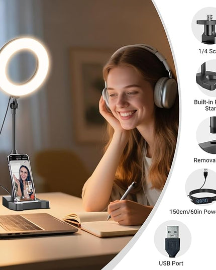 Laptop Ring Light for Video Conferencing, 6'' LED Desk Soft Halo Lighting with Phone Holder for Zoom Calls, Live Streaming, Computer Monitor Webcam, Portable Circle Light with Adjustable Stand