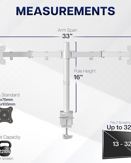 VIVO Dual Monitor Desk Mount, Heavy Duty Fully Adjustable Stand, Fits 2 LCD LED Screens up to 32 inches, White, STAND-V032W