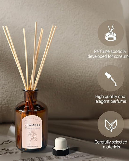 LEAMERR Premium Reed Diffuser Set - 8.8 oz (250 ml) Bedroom Bathroom Living Room Home Fragrance Products Sandalwood Roses Scent 1 Pack