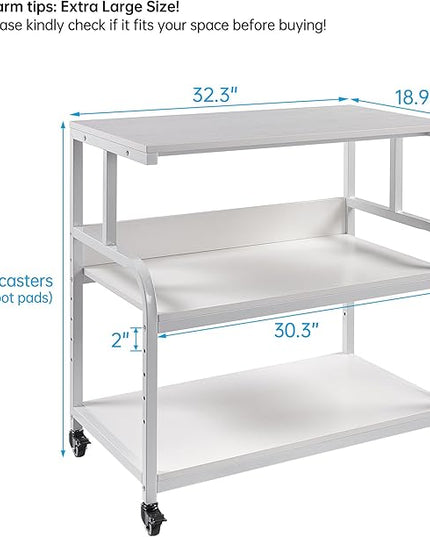 Printer Stand, 32.3" x 18.9" x 32.1" Extra Large Printer Table with Adjustable Storage Shelf, 3 Tier Rolling Printer Cart with Industrial Wheels for Home Office, White