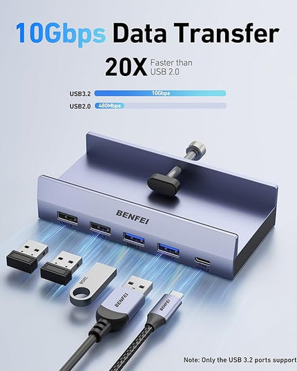 BENFEI 8-in-1 USB C Hub with Secure Clamp – Features 4K@60Hz HDMI, Gigabit Ethernet, 100W PD, 10Gbps 1x USB-C, 2 x USB-A 3.2, 2 x USB-A 2.0 Compatible with MacBook, iPad Pro, iMac, S23, XPS17
