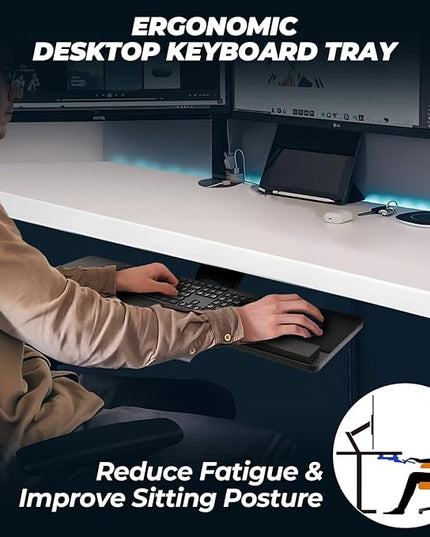 FAHKNS Keyboard Tray Under Desk，Multi-Function Keyboard Tray Adjustable with Mouse Pad & Wrist Rest，Ergonomic Large Size Keypad Tray Holder， Suitable for Office/Game/Home