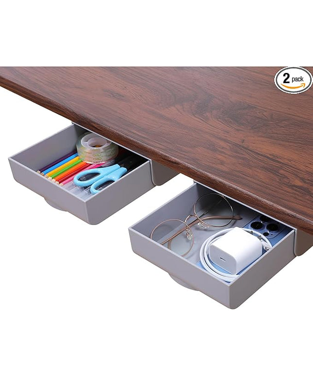 LuluEasy 2 Pack Under Desk Drawer Self-Adhesive Desktop Storage Organizer, Hidden Attachable Slide Out Desk Drawer, Under Table Tray for Pencil Pen Stationery Office Organization, Gray