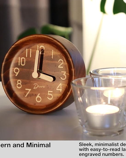 Driini Wooden Analog Desktop Clock – 4.3 in. Decorative Pinewood, No-Tick Design – Easy to Read Silent Sweep Mantle Clock – Quiet Tabletop Clocks with Wood Body, Hands, & Battery Cover; Dark