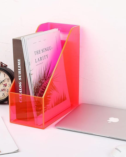 Acrylic Magazine Rack Desk File Holder Organizer for Office Desktop Vertical Magazine Storage Box, 12 x 10 x 5'', Neon Pink