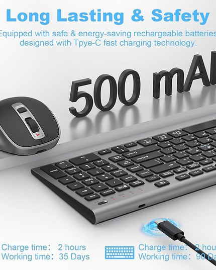 FENIFOX Wireless Keyboard and Mouse, Rechargeable USB C Combo Silent Quiet Compact Full Size Flat with Number Pad Soft Cover for Mac MacBook iMac Windows PC Laptop Computer Office - Black & Grey