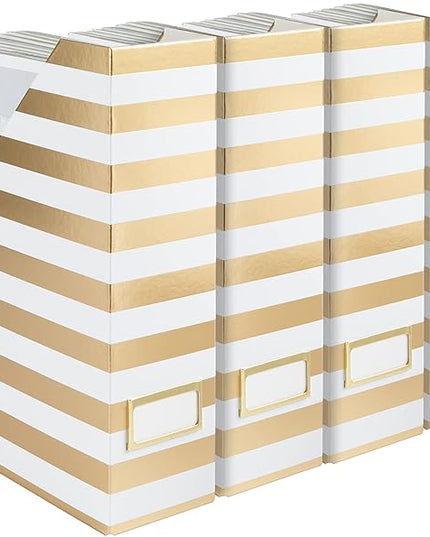 BLU MONACO Set of 4 Gold & White Striped Magazine File Boxes | Foldable Cardboard File Organizer Boxes with Gold Label Holders | Stylish Desk Organizer for Home Office and Classroom