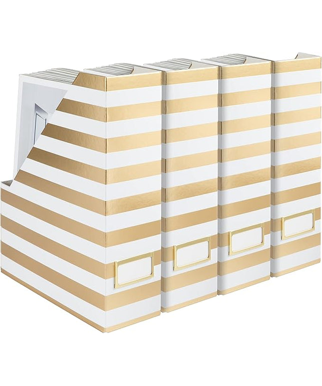 BLU MONACO Set of 4 Gold & White Striped Magazine File Boxes | Foldable Cardboard File Organizer Boxes with Gold Label Holders | Stylish Desk Organizer for Home Office and Classroom