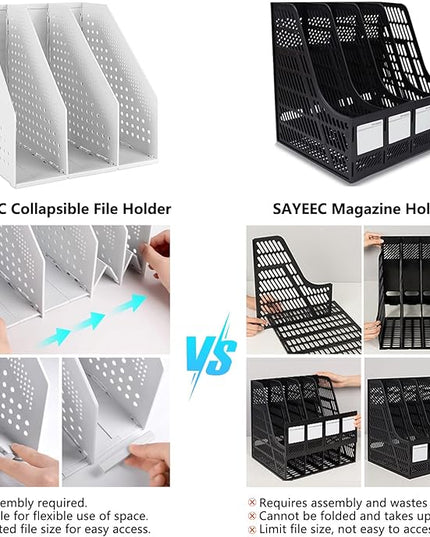 SAYEEC 1Pcs Collapsible Plastic Magazine File Holder Vertical Binder Storage Organizer for Desk Sturdy Upright Desktop Magazine Organizer Folder Rack for Office School Home (3 Compartments, Gray)