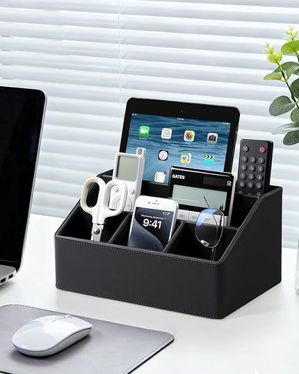 Cretkhp Remote Control Holder with 5 Compartments for Office Art Supplies, PU Leather Nightstand Organizer Pencil Pen Desk Caddy for Home, Desktop TV Remote Control Organizer Storage (Black)
