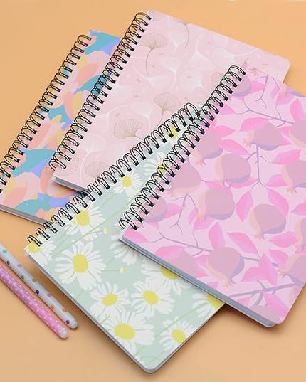 Yansanido Spiral Notebook, 4 Pcs A5 Thick Leaves Design Hardcover 8mm Ruled 4 Color 80 Sheets -160 Pages Journals for Study and Notes (Leaves)