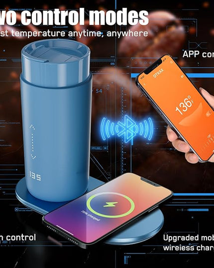 LEGARDLILIU Temperature Control Heated Coffee Mug Smart Self Heating Travel Mug 12 Oz App Controlled Warmer Mug 4-10 Hour LED Display Keep Coffee Hot Fast Wireless Charger Base Lake Blue