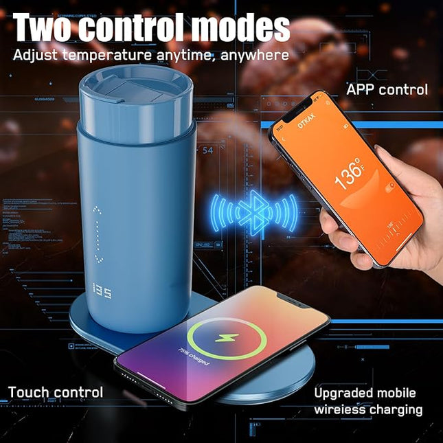 LEGARDLILIU Temperature Control Heated Coffee Mug Smart Self Heating Travel Mug 12 Oz App Controlled Warmer Mug 4-10 Hour LED Display Keep Coffee Hot Fast Wireless Charger Base Lake Blue
