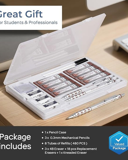 Nicpro 3 Pack Blocky Gear 0.3 mm Metal Mechanical Pencils Set with Case, Lead Drafting Pencil with 8 Tube (480PCS) Lead Refills, 4 Erasers, 18 Eraser Refills for Art Writing, Sketching Drawing