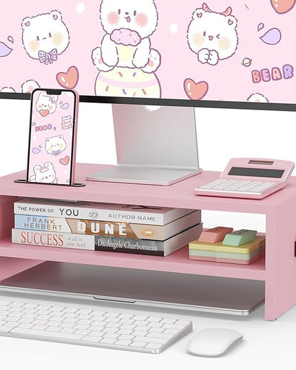BONTEC Wooden Monitor Stand Riser, 2-Tier Desk Shelf with Storage Organizer, Ergonomic Computer Stand with Cable Management, Cellphone Holder, Pink, 16.5 Inch