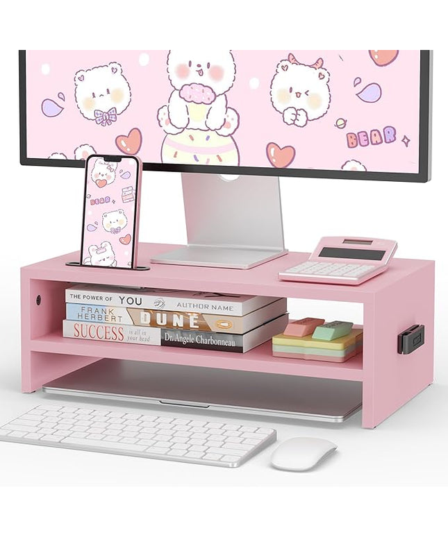 BONTEC Wooden Monitor Stand Riser, 2-Tier Desk Shelf with Storage Organizer, Ergonomic Computer Stand with Cable Management, Cellphone Holder, Pink, 16.5 Inch