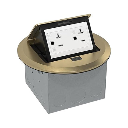 TG Pop-Up Round Floor Box Kit, 20A Tamper-Weather-Resistant Receptacle, Watertight Gasket, Corrosion-Resistant Hardware, Surface Mount for Kitchen, UL Listed, Brass