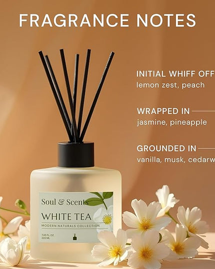 Soul & Scents Reed Diffuser Set – White Tea | 7.43 oz Refillable Scented Oil with 6 Fiber Sticks | Long-Lasting Home Fragrance & Air Freshener for Bedroom, Bathroom, Office | Gift & Décor Piece