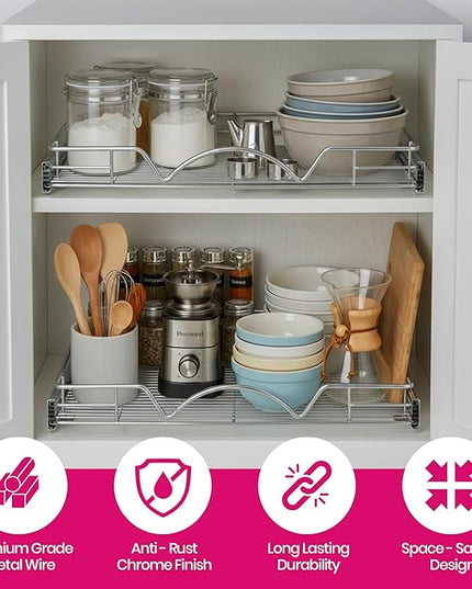HOLDN’ STORAGE Pull Out Cabinet Organizer - Heavy Duty Steel with Smooth Slide-Out Drawers, Chrome Finish - 20" W x 17" D Basket, Fits 21.25" Cabinet Opening