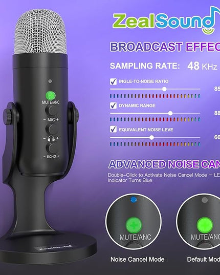 ZealSound Wireless Microphone,USB Mic for iPhone PC iPad Android Phone-Cordless Condenser Desktop Microphones with Mute Echo Monitor Volume Gain 2.4GHz for Podcast,ASMR,Gaming,YouTube Video/K66 Black