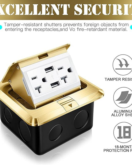 Hoolerry 2 Pack Pop up Floor Electrical Outlet Cover Box Kit with 4.8A USB Charger 20Amp Waterproof Weatherproof Floor Tamper Resistant Outlet Receptacle for Countertop Home (Gold)