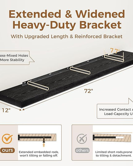 Fun Memories 72 Inch Floating Shelf, 12 Inch Deep Wall Shelf for Fireplace Mantel, Deep Storage Shelves for Home & Office, Wall Shelves with Invisible Bracket, Black, Set of 1