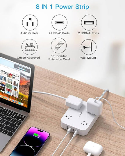 Flat Extension Cord 3 Ft, HANYCONY Power Strip with 4 USB Ports(2 USB C), 4 Widely Outlets Extender, Wall Mount, Desk Charging Station for Office, Travel and Dorm Room Essentials, ETL Listed