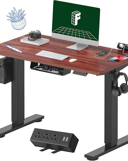 FLEXISPOT EN2 Whole-Piece Standing Desk with Clamp Power Strip, 40 x 24'' Electric Stand Up Height Adjustable Desk with Cable Management (Black Frame + 40" Mahogany Top, 2 Packages)