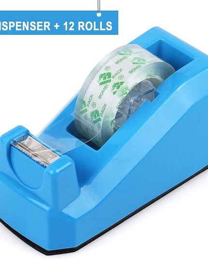 BOMEI PACK Transparent Tape Dispensers Desk, 1 Pack Blue with 12Rolls Transparent Tape, 1 Inch Core, for Gift Wrapping, School, Office and Home