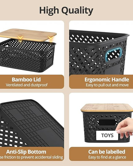 Plastic Storage Bins with Bamboo Lids, Stackable Small Box Baskets for Organizing and Containers for Shelves Drawers Desktop Closet Pantry Classroom Office Home, 6 Pack 10.2x7.2x4.1 Inch, Black