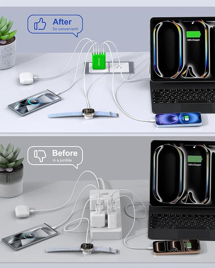 60W USB C Wall Charger Block,5-Port C Charger Fast Charging Block PD Power Adapter +QC 3.0 Multiport Type C Box Charger Cube USB A Wall Plug for iPhone 14/15/16/17 Pro Max Plus,Samsung(Green)(2-Pack)