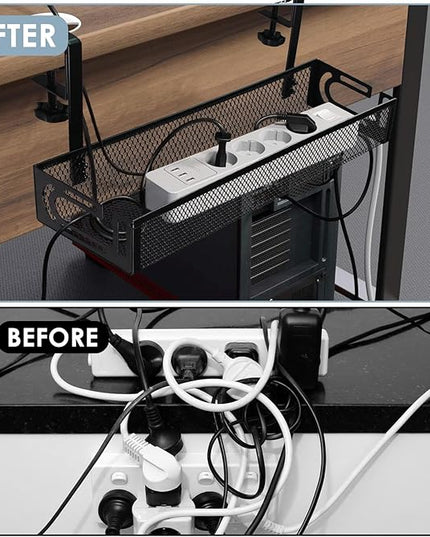 Cable Management, 2 Pack Cable Management Under Desk No Drill, Metal Cord Organizer with Clamp for Standing Desk, Cable Organizer for Home Office, Black