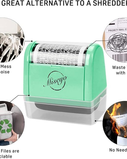 Miseyo Wide Identity Theft Protection Roller Stamp Set - Mint Green (3 Refill Ink Included)