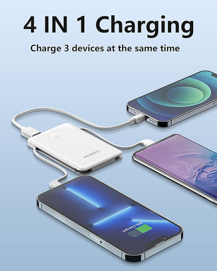 6000mah Ultra Slim Built in Cables Power Bank, Card Size Built in USB C Cords Battery Pack Portable Charger for Phones, 3 Output External Battery Pack Compatible with iPhone, 2-Pack Black & White