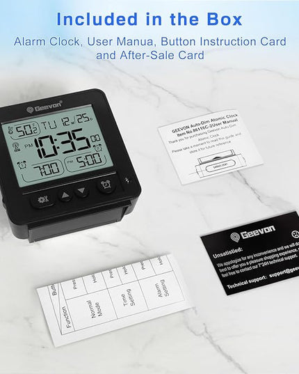 Geevon Small Digital Alarm Clock for Heavy Sleepers, Portable Travel Atomic Clock with Battery Powered, Compact Desk Table Clock with Auto Light Night, Dual Alarms, 8s Backlight for Bedroom, Black